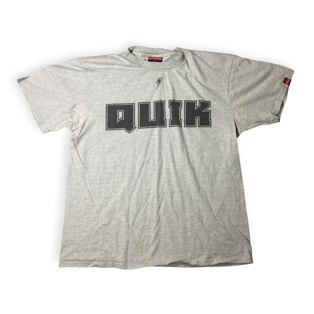 Quiksilver Gray T-Shirt Size Large Logo QUIK Shirt 100% Cotton Skater Rare VTG